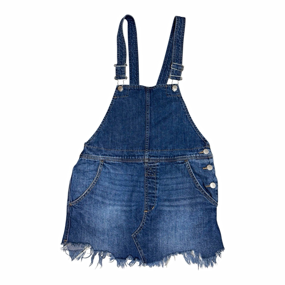 Free People Women's Blue Denim Overall Skirt Sz 4 Pockets Button Frayed Hem Dres